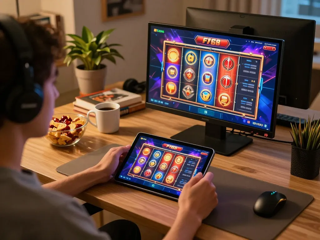Player engaging with F168 casino app on tablet at cozy home setup, showcasing vibrant slot game.