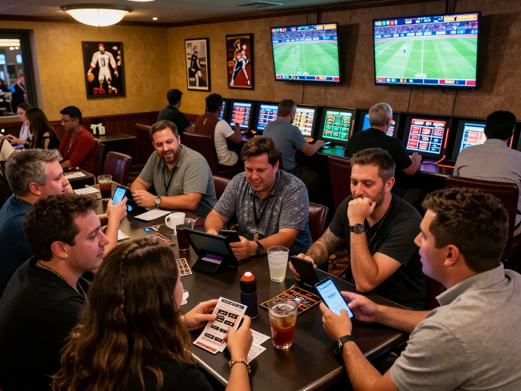 Patrons engaging in tỷ lệ nhà cái sports betting at a lively casino with multiple screens and excitement.