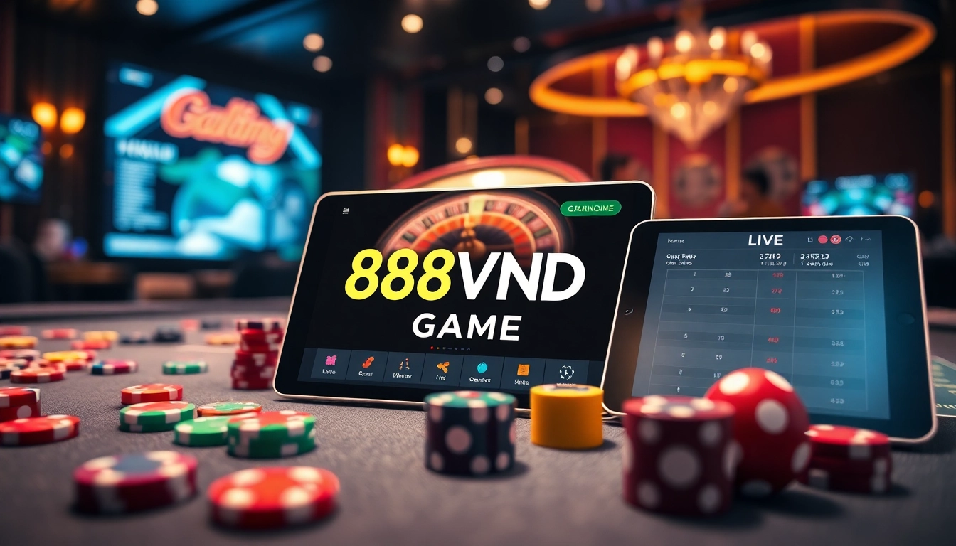 Engage in the exhilarating 888VND GAME with poker chips and a roulette wheel showcased.