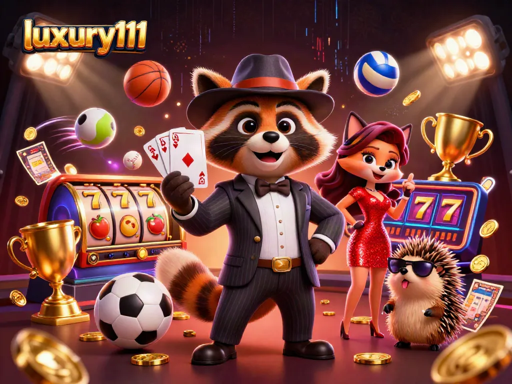 Engage with luxury111 players winning big in a vibrant casino scene filled with slot reels, gold coins, and energetic characters.