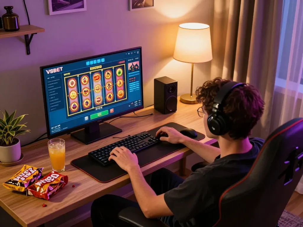 Engaging in VSBET mobile gaming with a person focused on the slot reels from a cozy home setting.