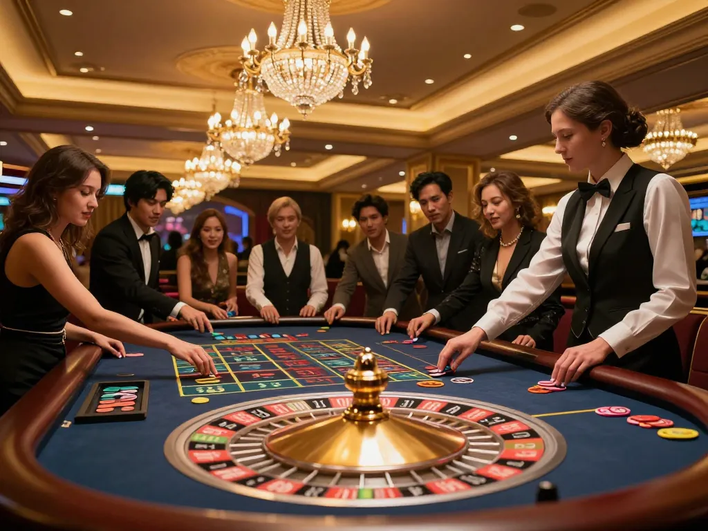 Excited players at 58win's roulette table betting on their luck in a lively casino environment.