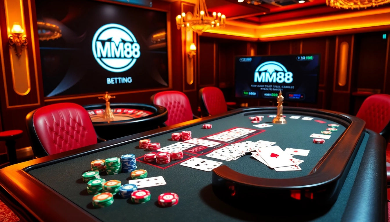 Engaging poker scene featuring link mm88 with vibrant chips and cards on a luxurious table.