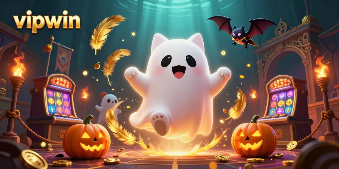 Experience immersive gaming at vipwin with glowing jack-o-lanterns and a floating ghost cat.