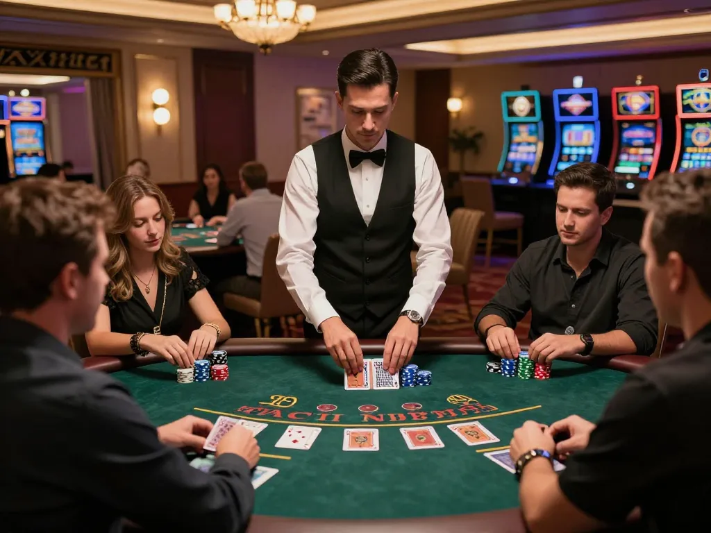Engaging atmosphere at a live casino table game with players making strategic bets.
