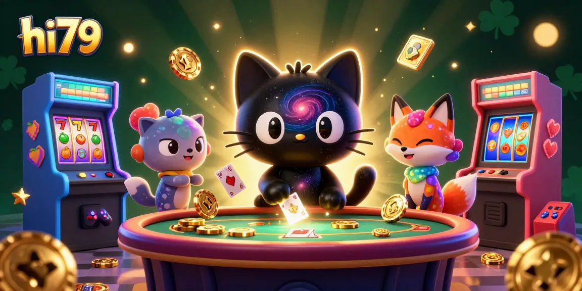 Engage in thrilling gameplay at hi79 casino with a cosmic scene showcasing a black hole cat and colorful arcade elements.
