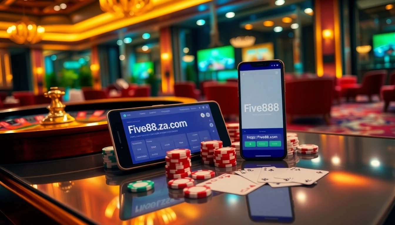 Players engaging with live casino action at https://five88.za.com/ featuring poker chips and betting slips.