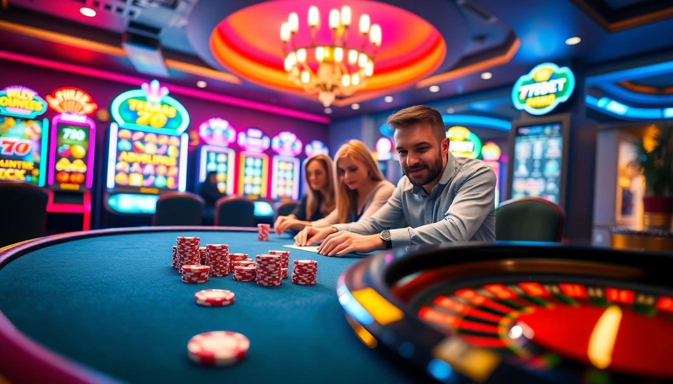 Engaged players enjoying a high-stakes poker game at 789bet casino, showcasing vibrant poker chips and slot machines.