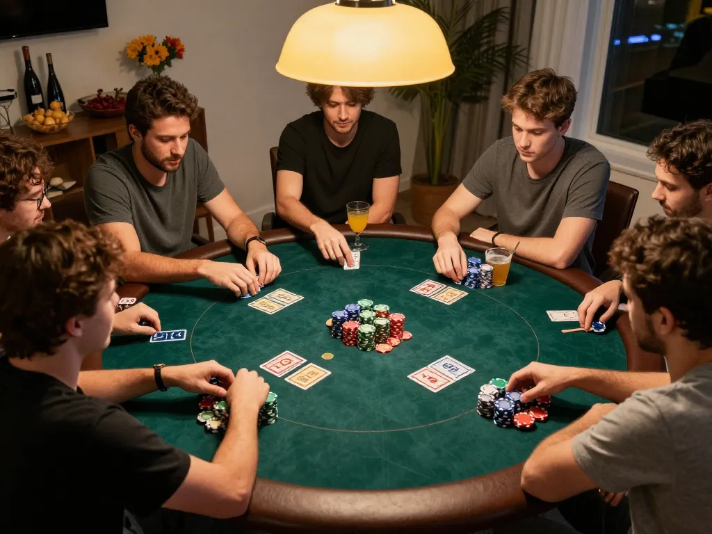 Players enjoying an exciting poker game at home, highlighting strategic moments with gem88 branding