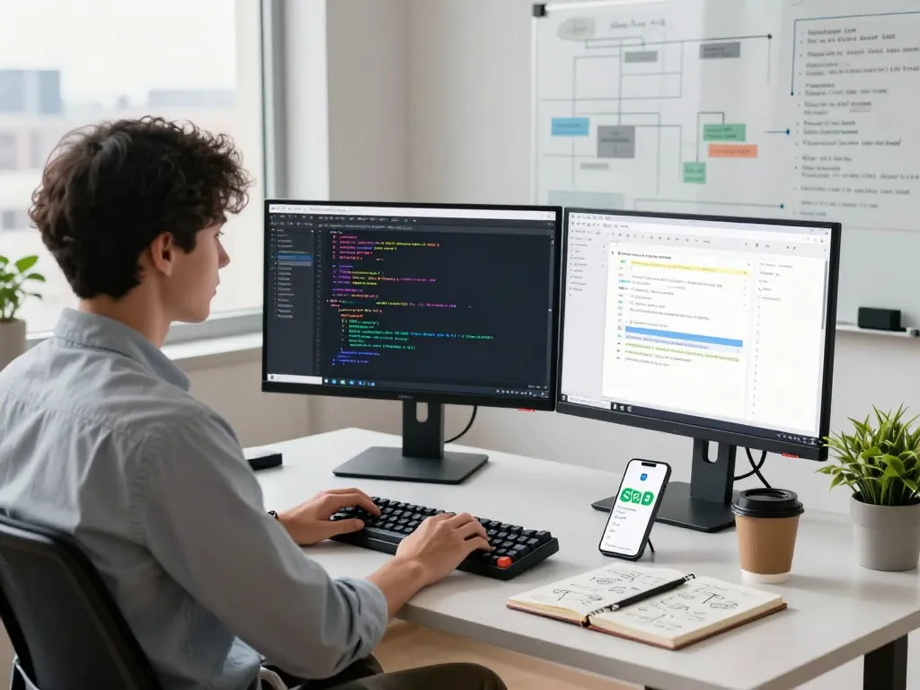 Developer using molt bot in a modern workspace with dual monitors and coding setup.