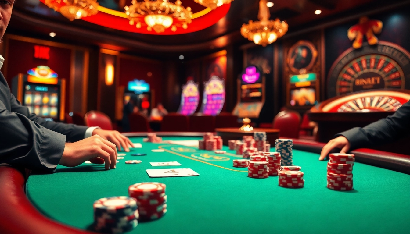 Engage in high-stakes poker action at mm88bet's luxurious casino scene featuring vibrant chips and cards.