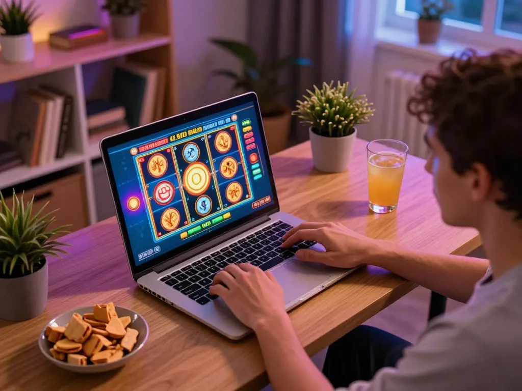 Player immersed in an online slot game at home, showcasing the 789betgo gaming experience with excitement.