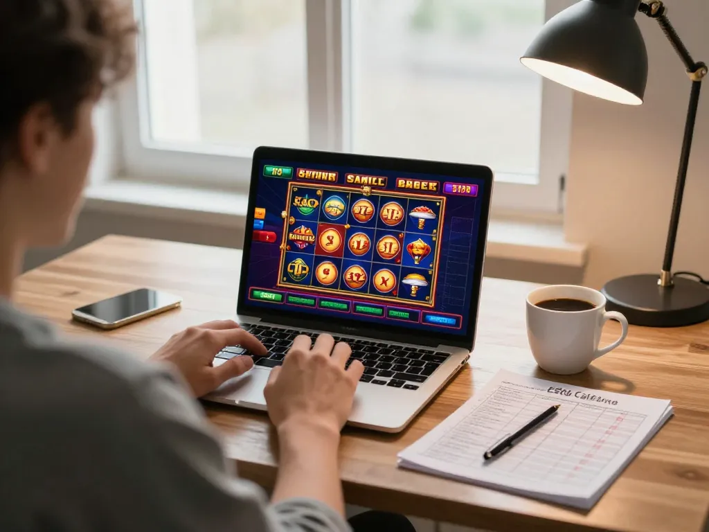 Engaging in online gaming at nhà cái uy tín Sunwin with vibrant slot graphics on screen in a cozy home.