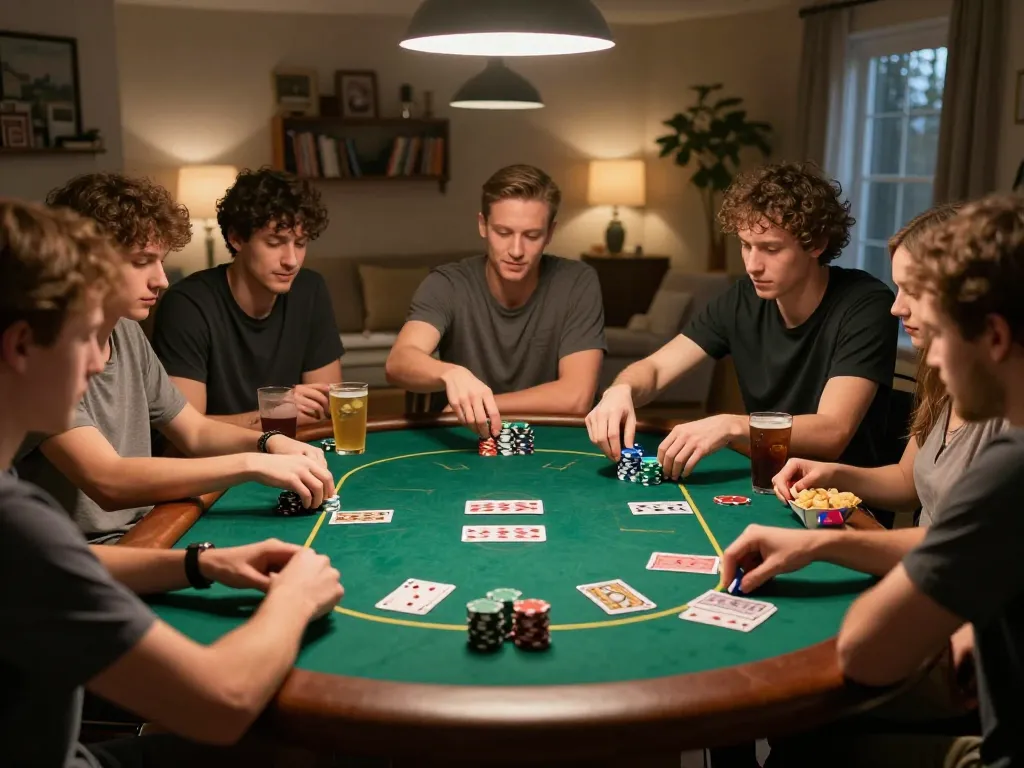 Friends enjoying an engaging poker night at home, showcasing a thrilling game with king88 vina among the action.