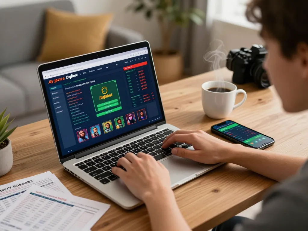 Dafabet online sports betting experience with a player enthusiastically placing bets at home.