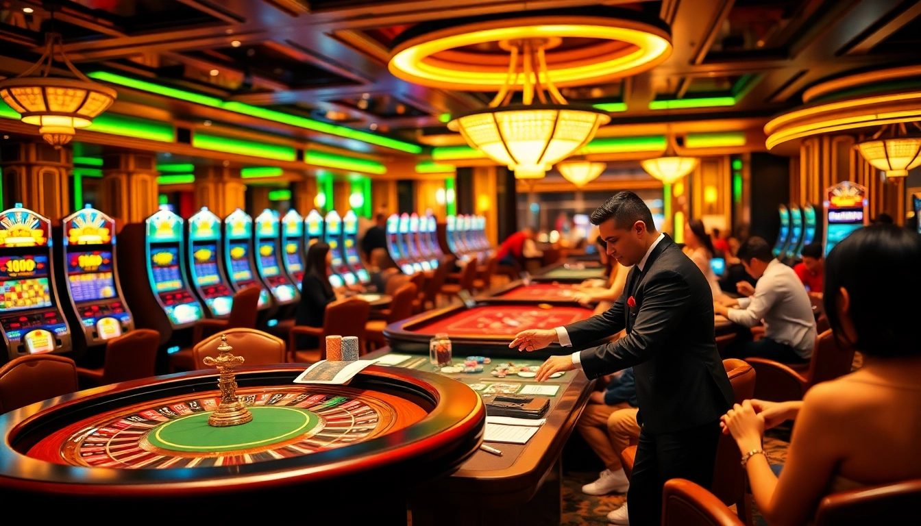 Engaging casino environment showcasing Nhà cái uy tín with players and professional dealers at high-stakes games.
