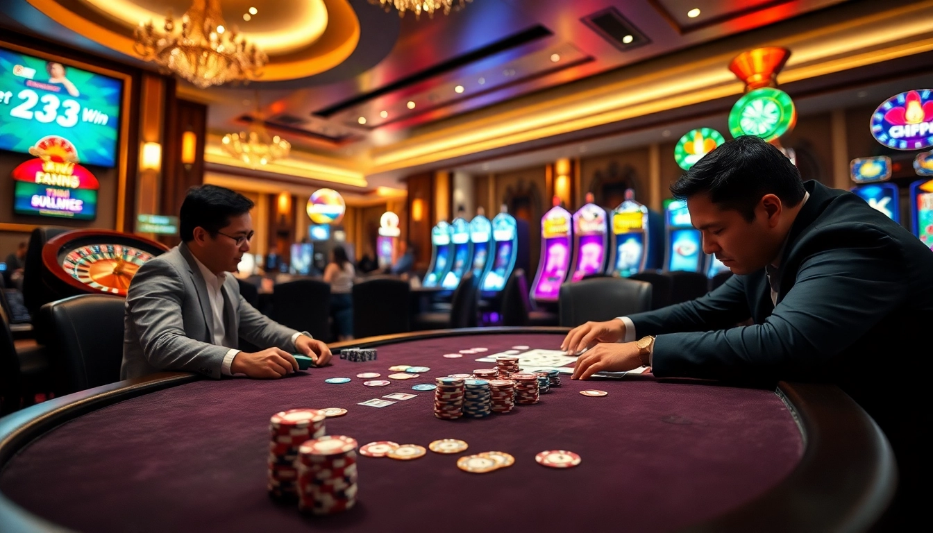 Players engaged at a high-stakes table at 23Win with colorful chips and cards.