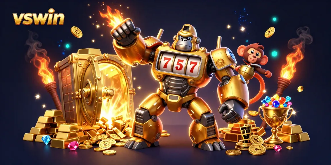 Experience thrilling wins with vswin's vibrant casino-themed illustration showcasing a golden mech and treasures.