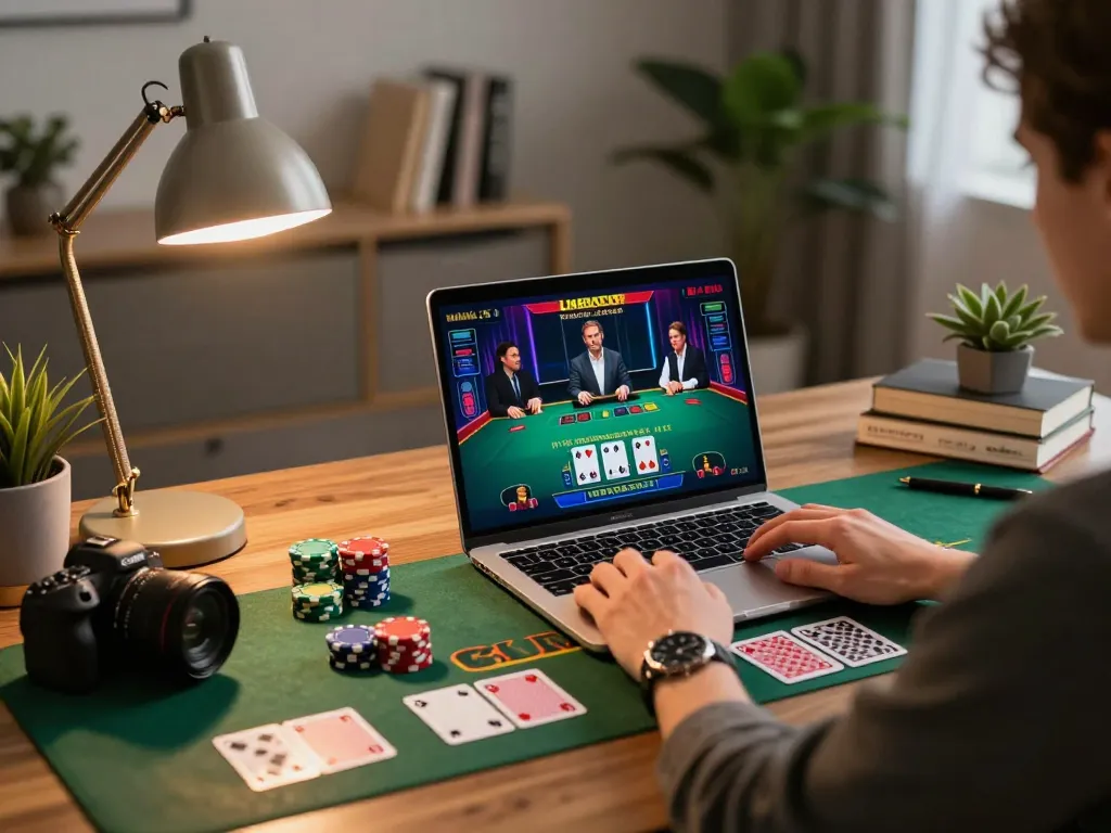 Engaging in live dealer baccarat on alc88, showcasing a modern gaming setup with stylish decor.