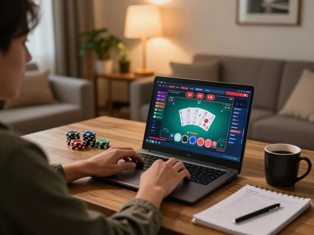 Play poker online at home with TR88 gaming interface illuminated in a cozy setting.