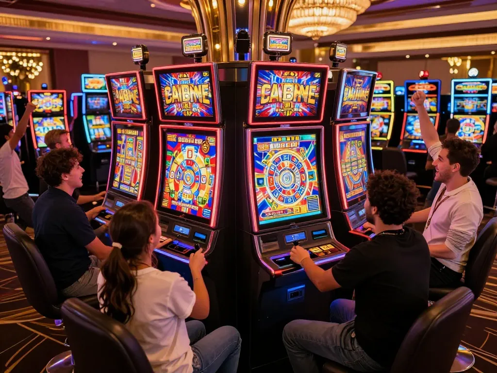 Engaging players at slot machines celebrating wins in lively casino atmosphere featuring slot gacor 777.