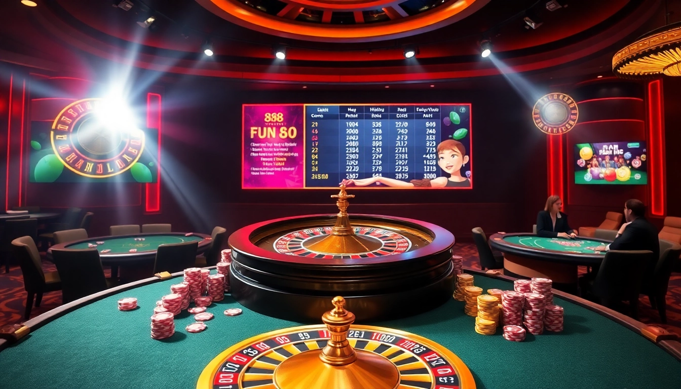 Engaging gameplay atmosphere at Fun 88 casino with poker tables and roulette wheel.