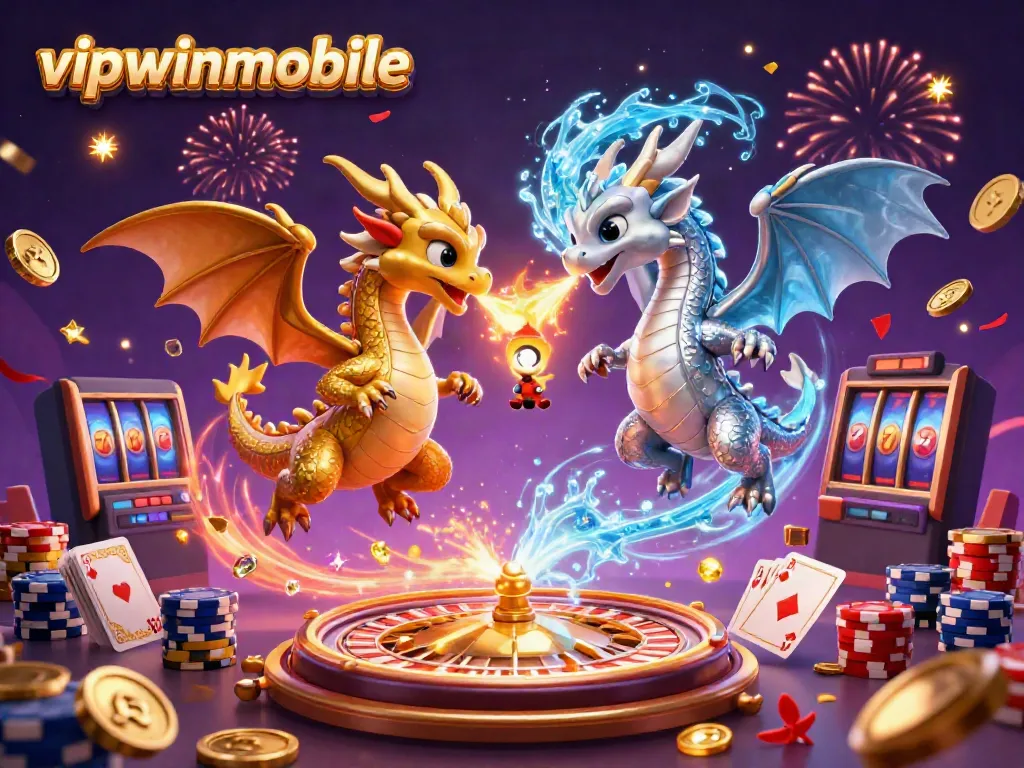 Engage in thrilling gameplay with vipwinmobile's golden and silver dragons amidst coins and casino elements.