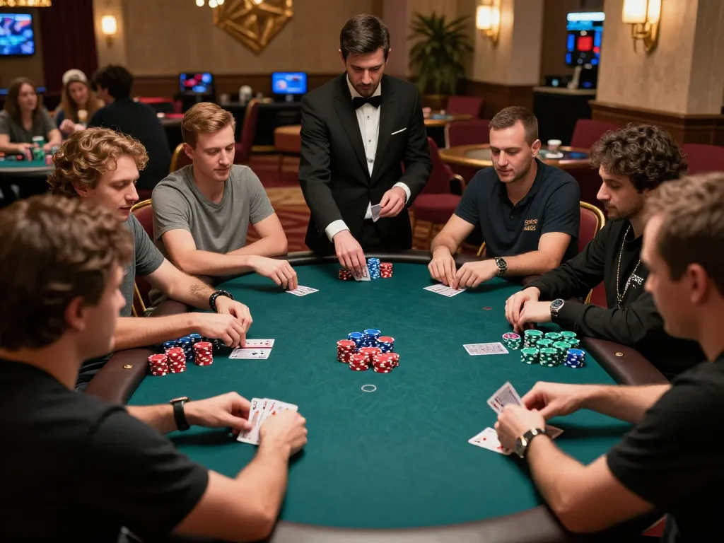 Players engaging in strategic poker gameplay at a vibrant casino table, highlighting excitement around tr88.