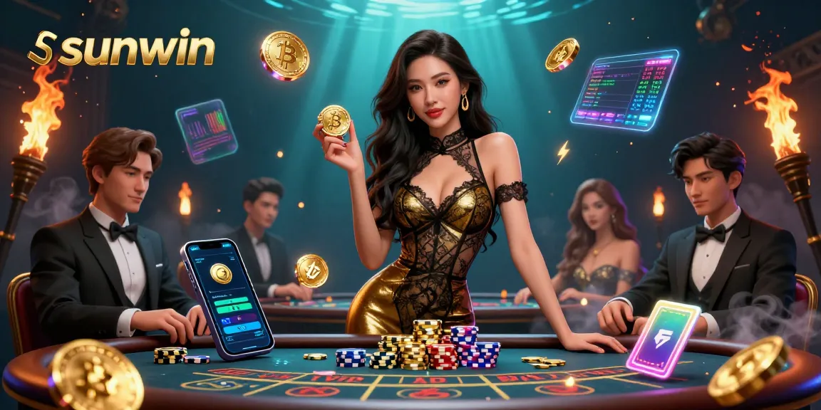 Experience high-stakes action with sunwin at an exclusive baccarat table amid glowing cryptocurrency elements.