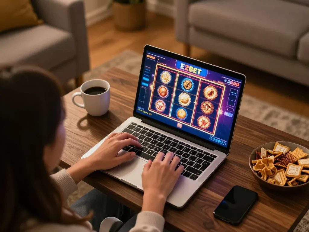 E2bet player enjoying online casino gaming on a laptop in a cozy living room.
