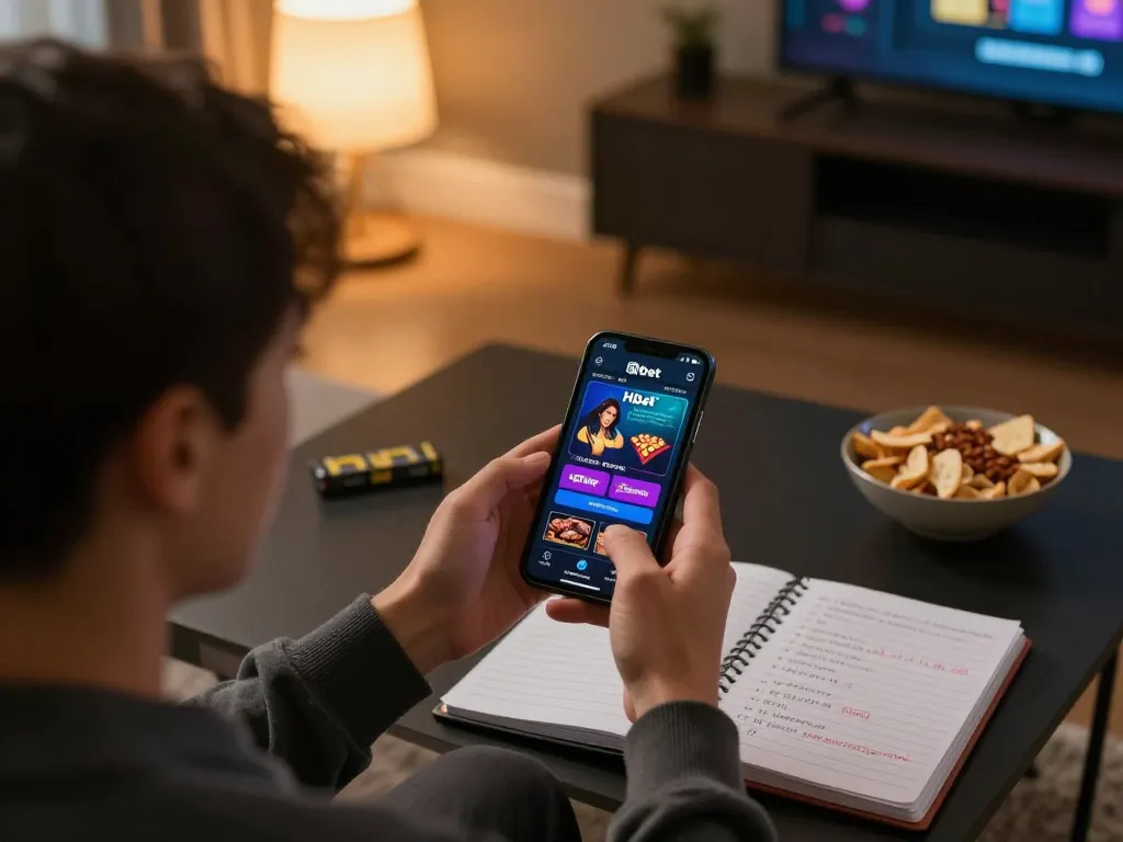 Person using Hbet app for online gaming on smartphone in cozy living room