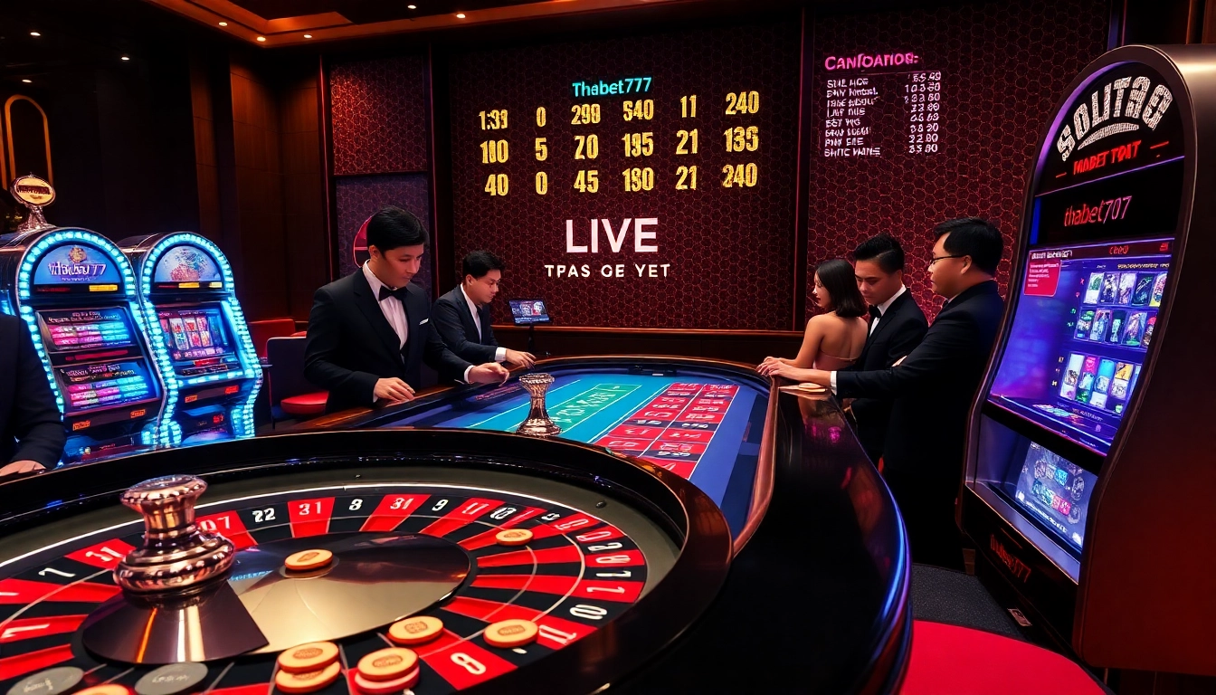 Exciting gambling scene with players at thabet777, roulette, and slot machines.