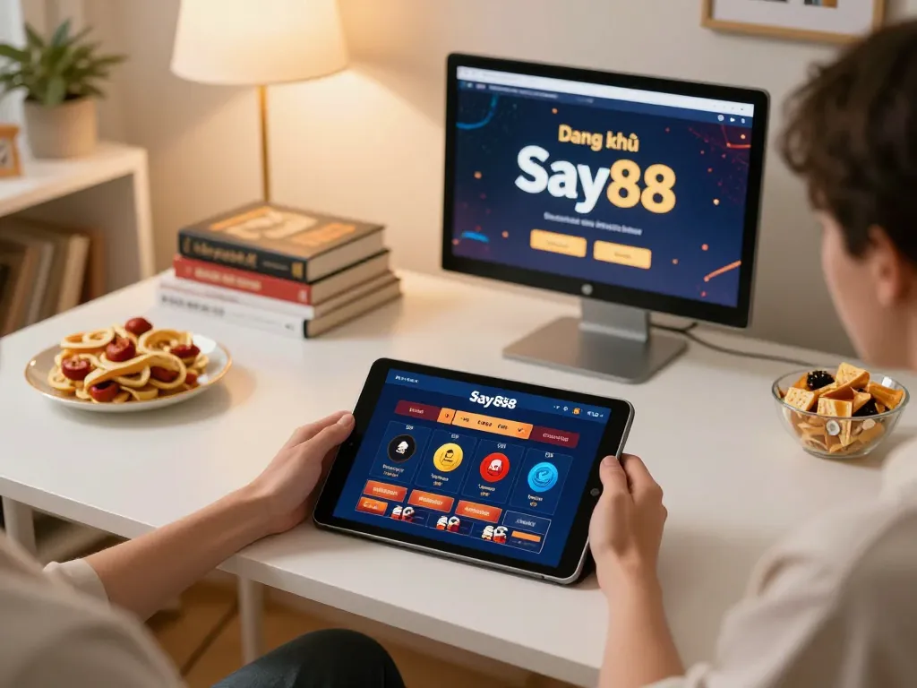 Registering for Đăng ký Say88 on a tablet while enjoying a cozy gaming setup at home.