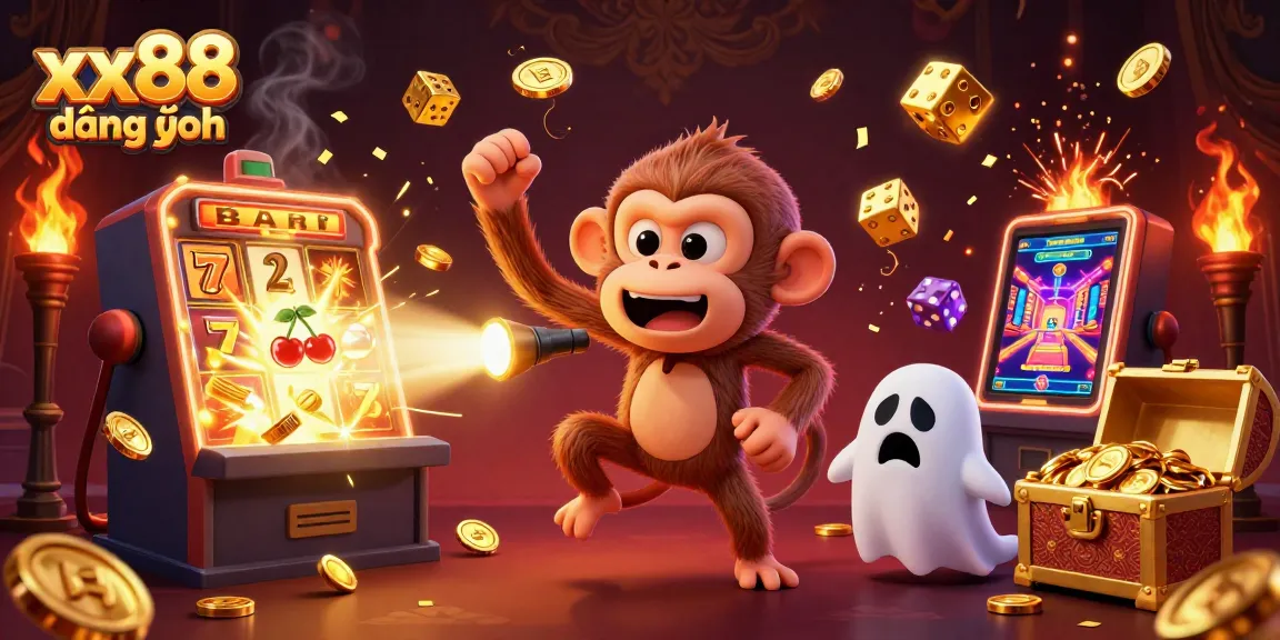 Experience the thrill of xx88 đăng nhập in this vibrant casino scene featuring a poltergeist monkey and ghost-hunter puppy.
