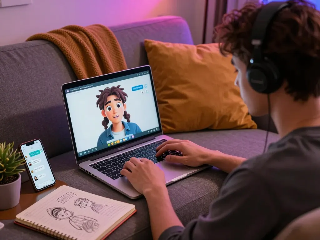 Young adult engaging in ai porn chat with animated character on laptop in cozy setting.
