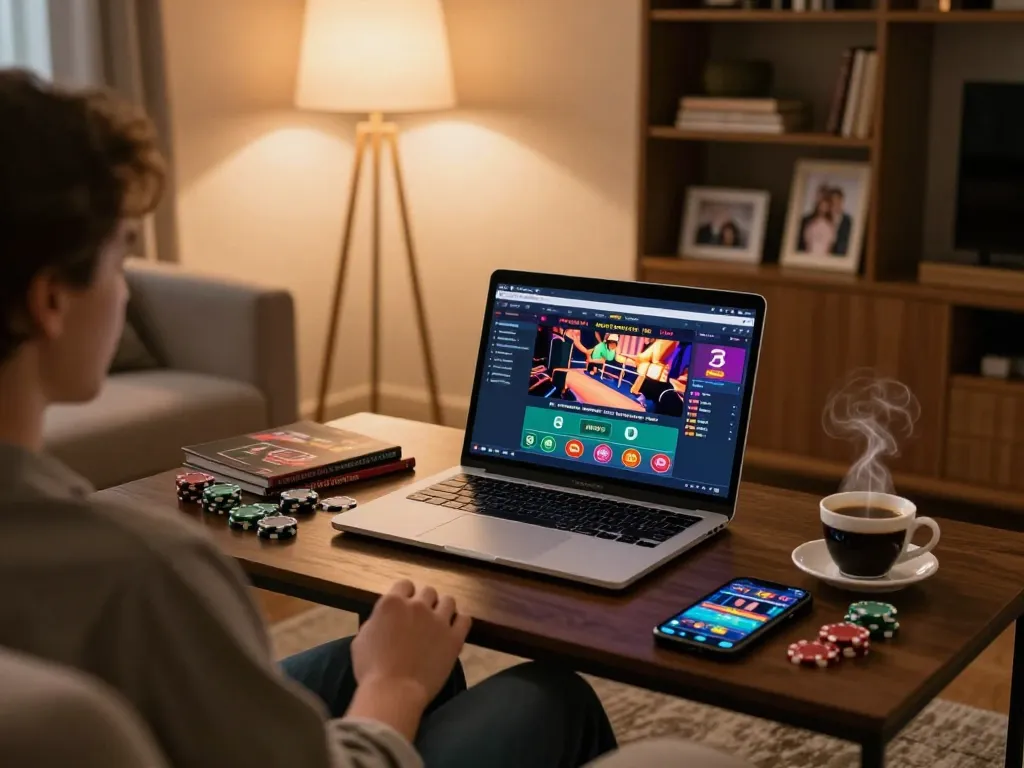 Engaging in online casino gaming at home via https://98winn.net/ with warm ambiance and strategic preparations.