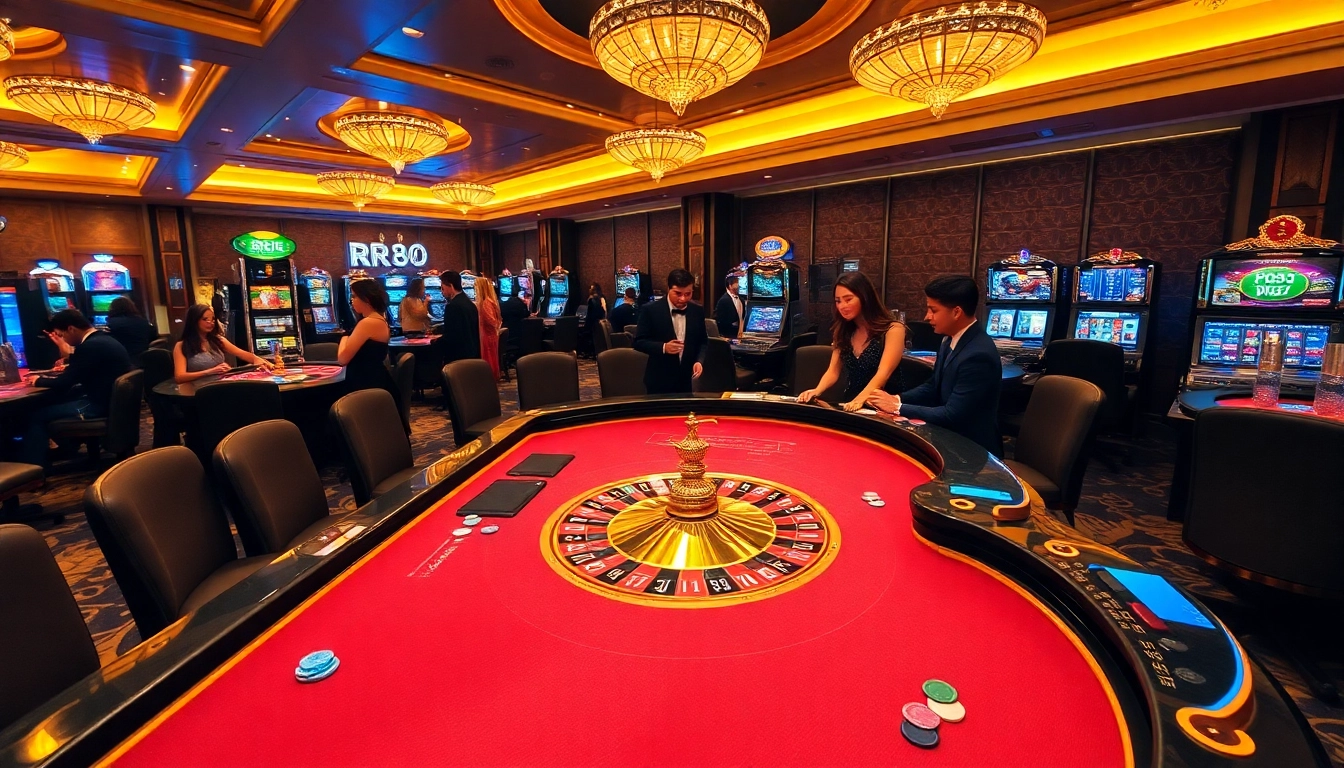 Engaging scene of players at an RR88 game table celebrating wins with vibrant chips and roulette wheels.