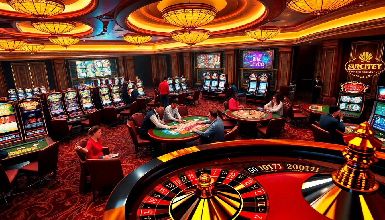 Players engaged in thrilling games at SUNCITY nhà cái, showcasing vibrant casino excitement and diverse gambling options.