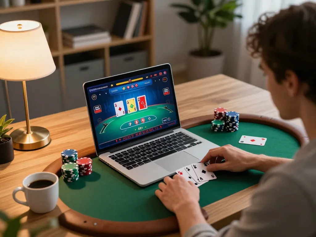 Player engaging with XX88 online casino poker game on laptop in cozy home setting