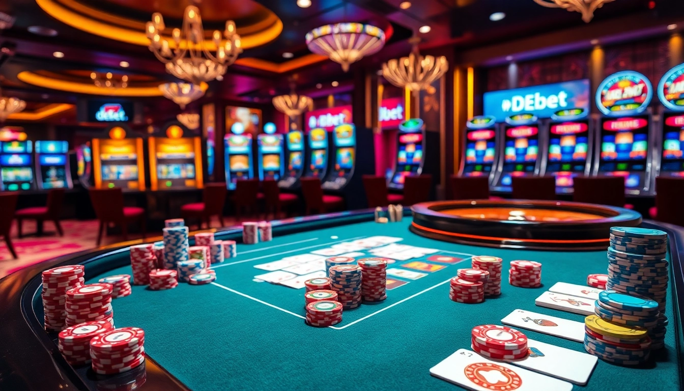 Gamblers engaging at a casino table featuring DEBET-themed poker games and vibrant slot machines.