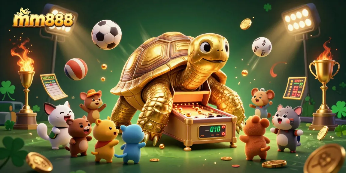 Engage in exciting gameplay at mm888, featuring a colossal golden tortoise pinball machine amidst dynamic sports betting elements.