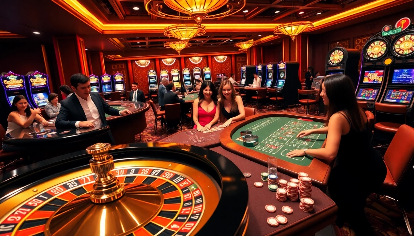 Players enjoying thrilling gameplay at Hello88 casino, featuring vibrant roulette and slot machines.