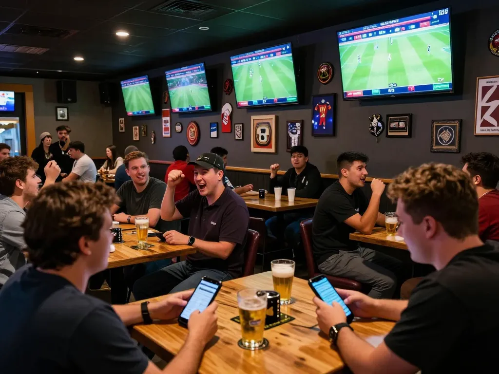 Nowgoal sports betting scene with patrons placing bets in an energetic sports bar setting.
