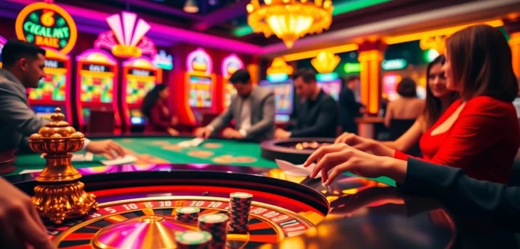 Engaging casino atmosphere at https://tg881.net/ with players at a roulette table and slot machines.