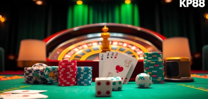 Kp88 casino table with poker cards and chips, capturing the thrill of gambling.