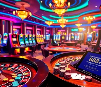 Experience the thrill of gambling at https://888vi.codes/ with luxury casino elements including poker tables and slot machines.