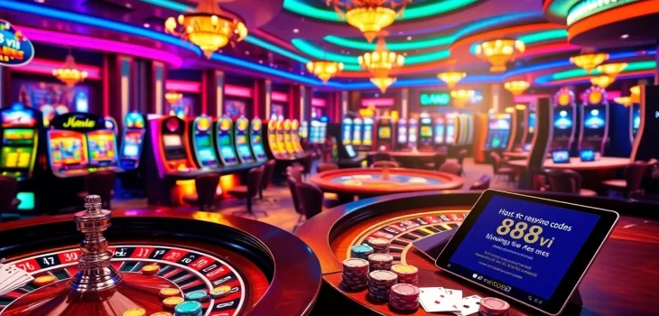 Experience the thrill of gambling at https://888vi.codes/ with luxury casino elements including poker tables and slot machines.
