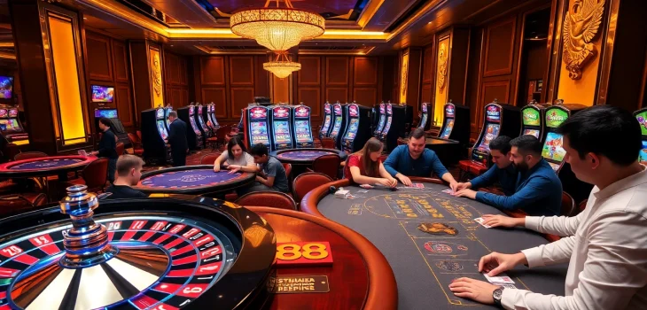 Engaged players showcasing strategic wins at a glamorous SV88 casino.