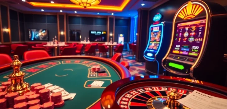 Engaging scene of gambling activities at F168 nhà cái with poker chips and slot machines.