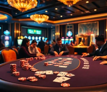 Players engaging at a j88-themed casino table, showcasing poker chips and cards in a luxurious setting.
